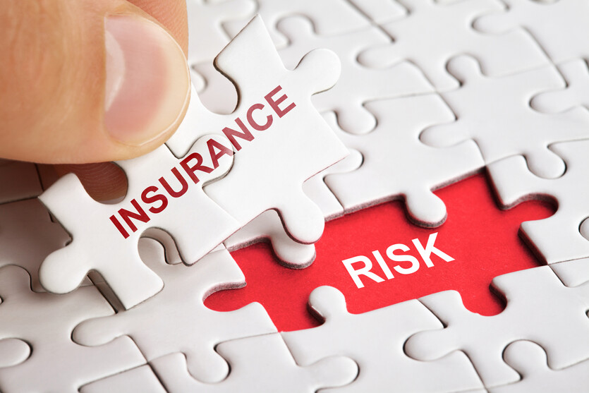 Hand holding piece of puzzle with word INSURANCE RISK. Business concept